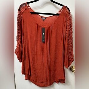 Unique Spectrum Terracotta Blouse with Crochet Detail. NWT